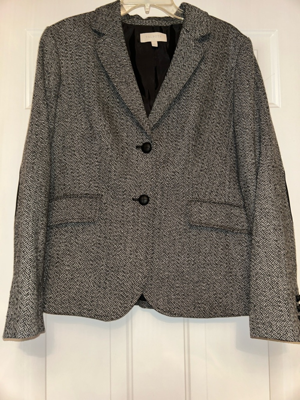 Talbots Herringbone Wool Blazer Black Like New Elbowed Patch Career Professional